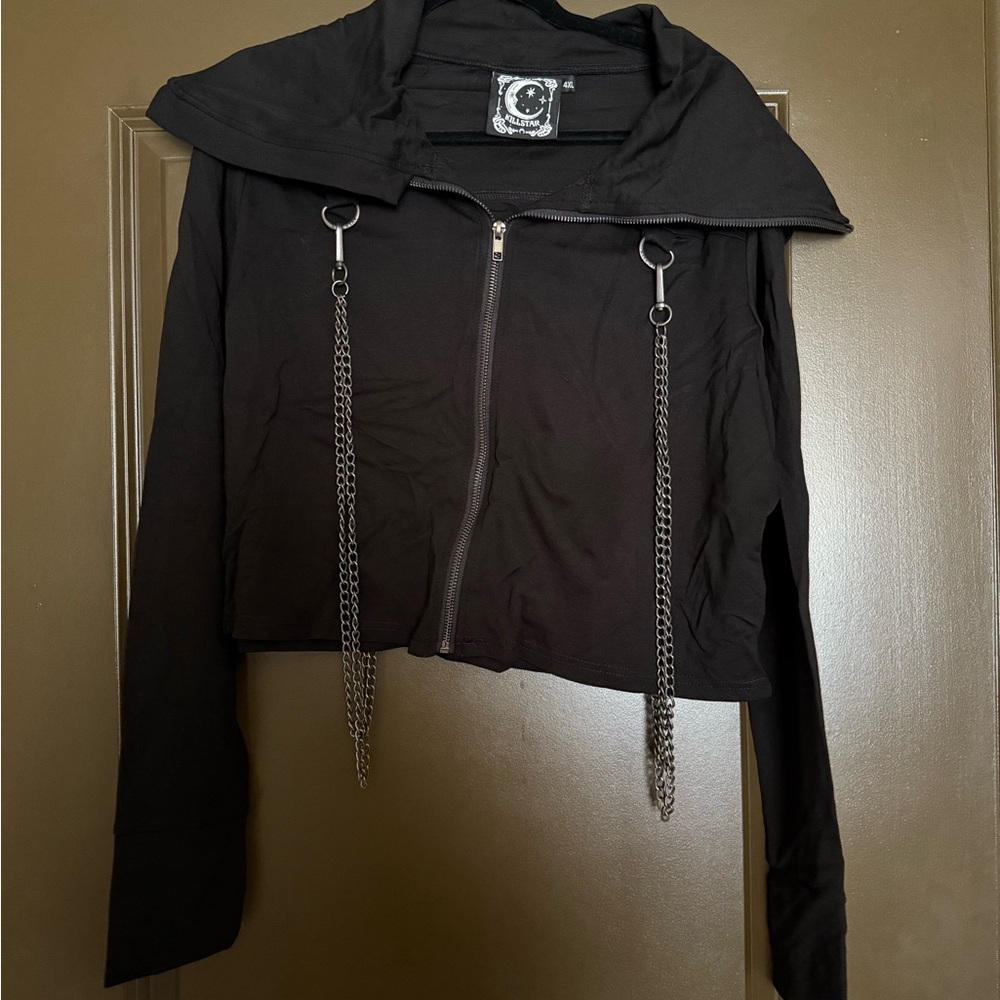 Killstar Black Cropped Jacket with Silver Zippers and Chain Embellishments 4XL